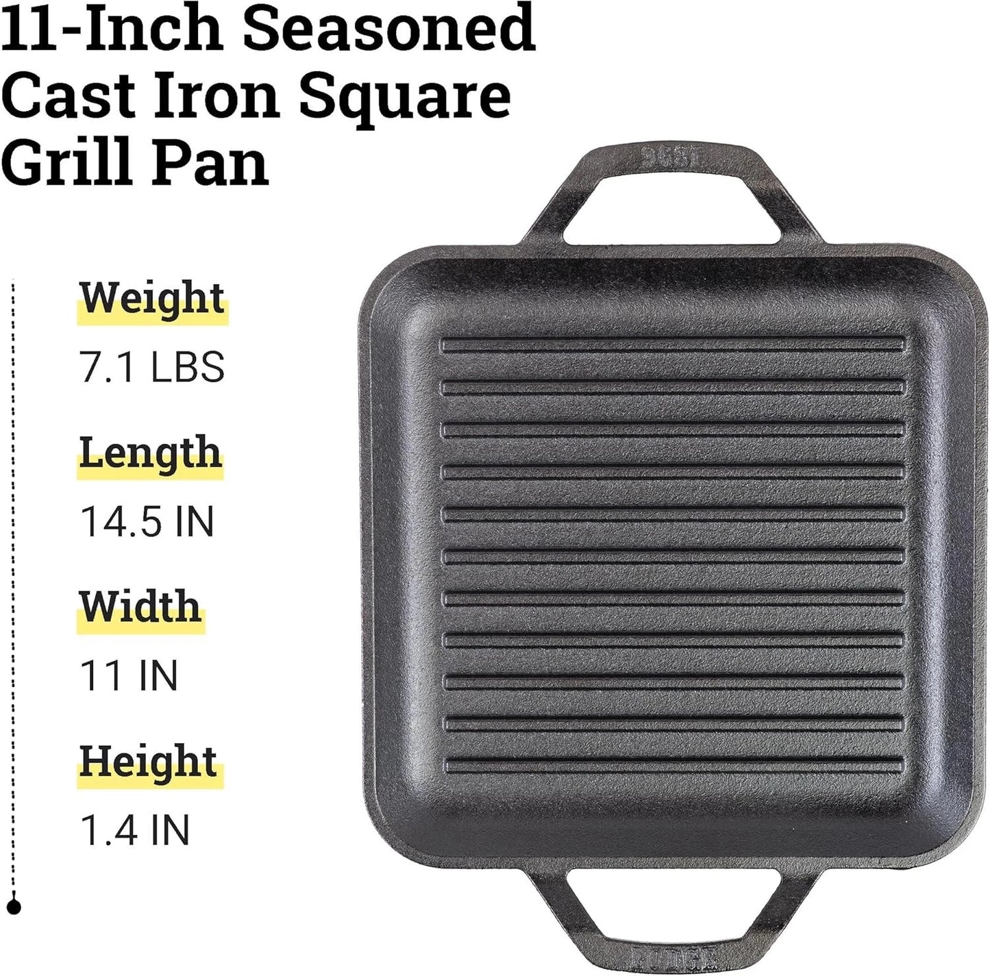 Lodge Cast Iron Square Grill Pan Chef Style, 11 Inch Black