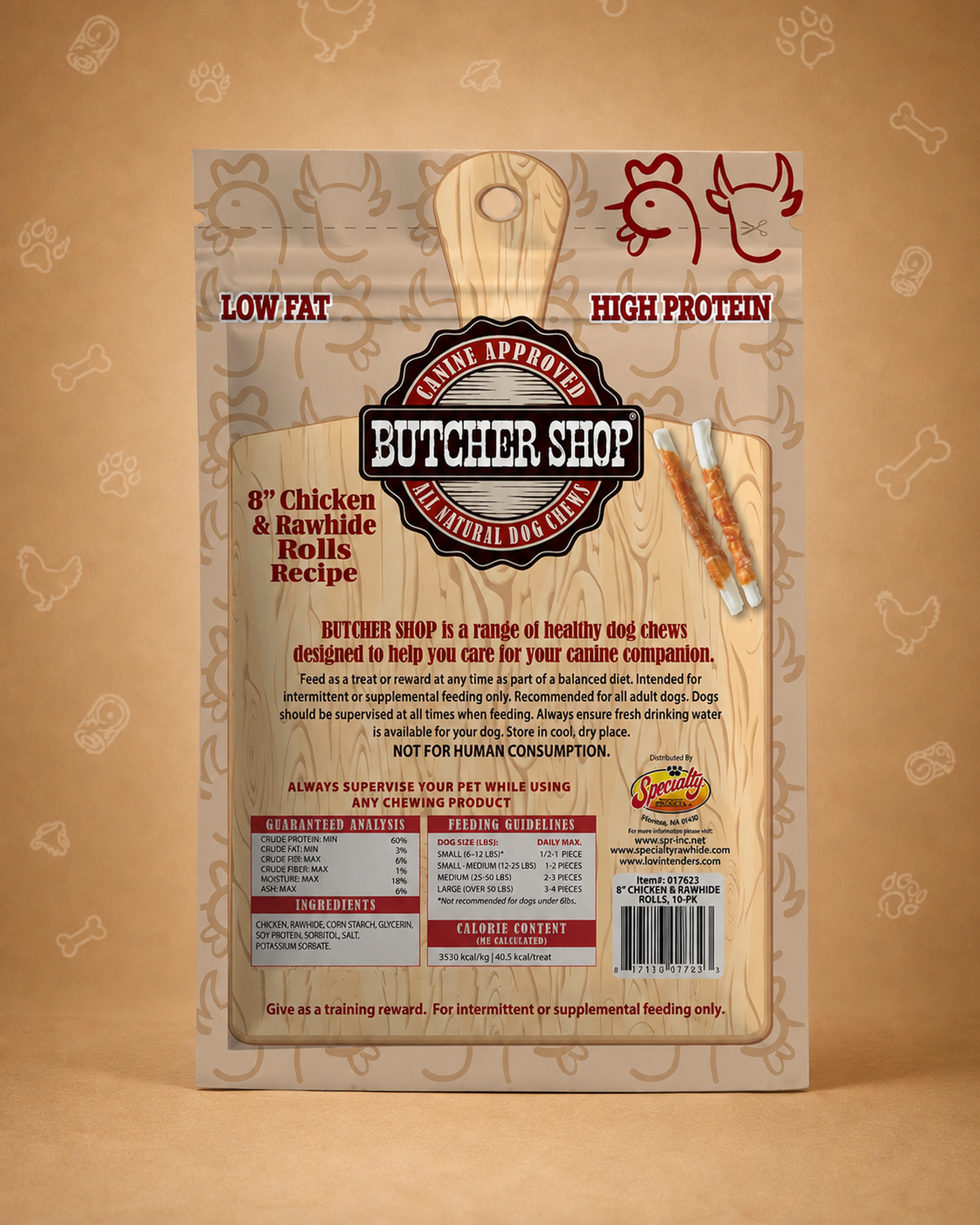 Butcher Shop Dog Treats 8" Chicken & Rawhide Rolls, 10 oz