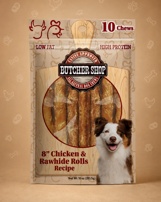 Butcher Shop Dog Treats 8" Chicken & Rawhide Rolls, 10 oz